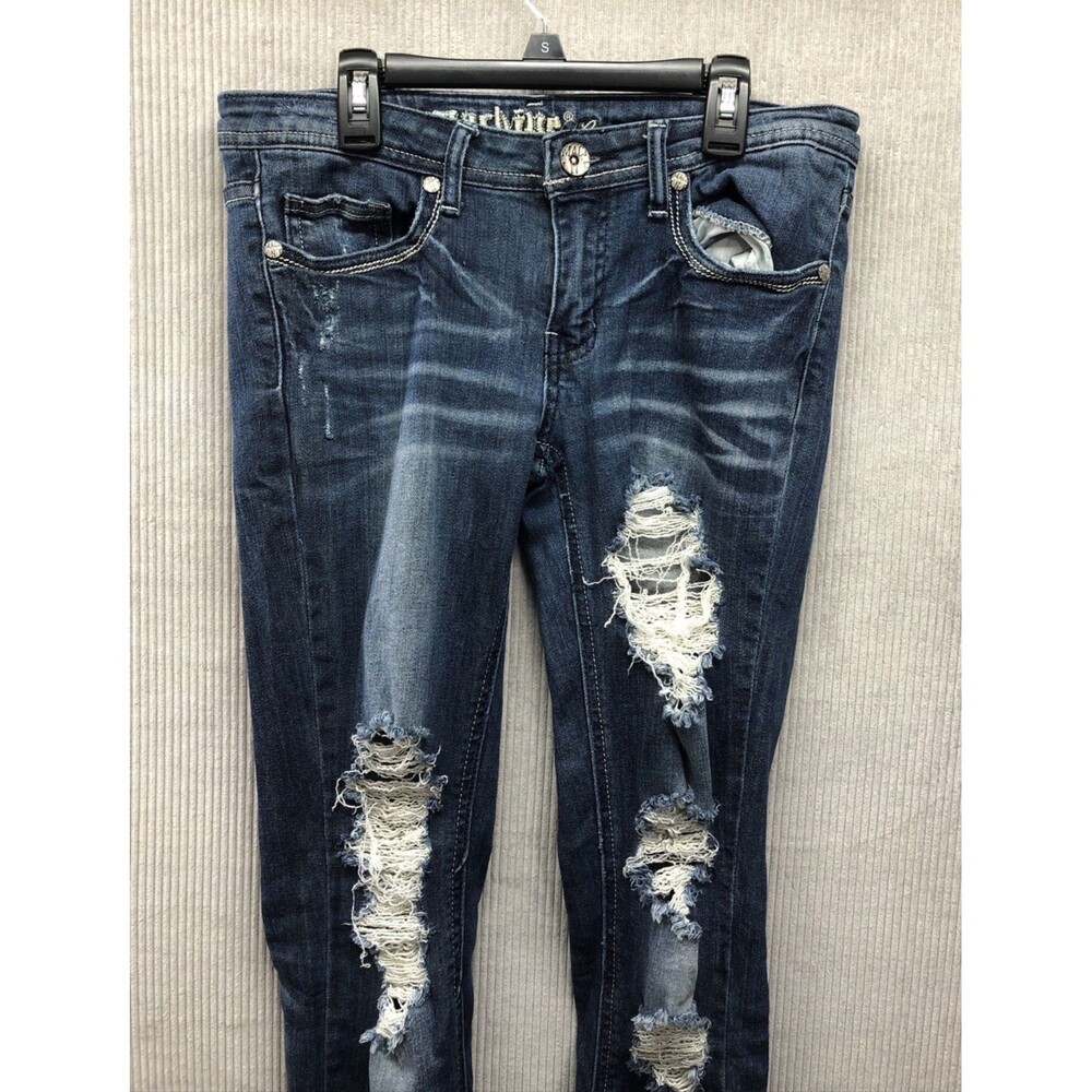 Machine Juniors Jeggings Size 9 Factory Destroyed Dark Wash - Picture 2 of 16